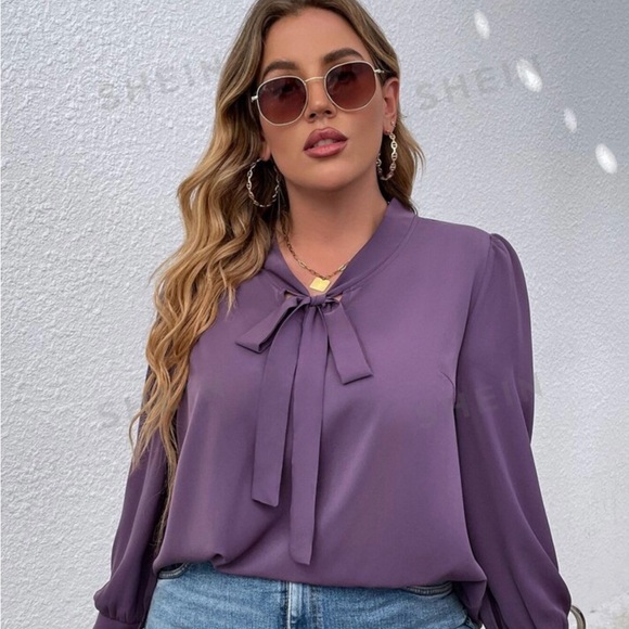 SHEIN LUNE mauve purple Plus size (4X)  Tie Neck Puff Sleeve Blouse - Picture 5 of 5